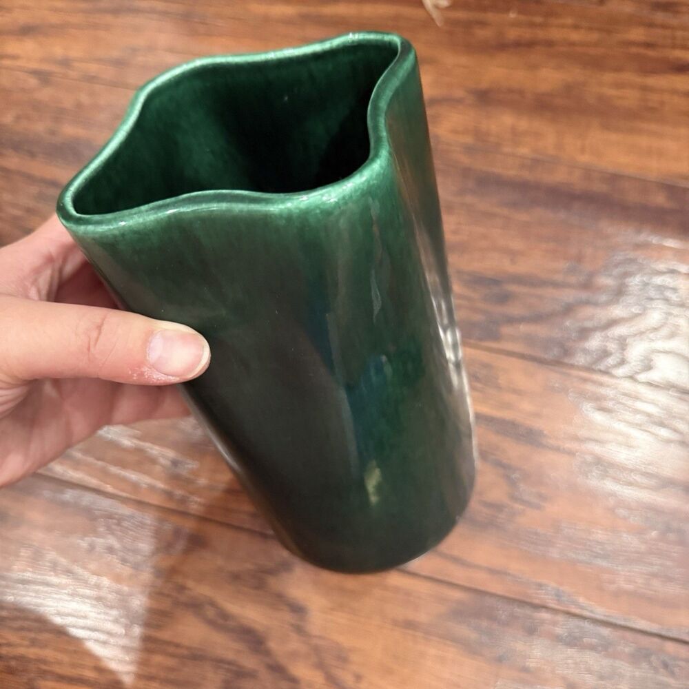 Green Pottery Vase With Curved Square Rims, Marked 707 On Bottom, E3